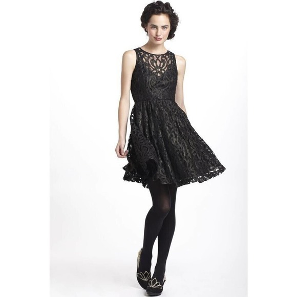 ANTHROPOLOGIE TRACY REESE Lace Dress Party Formal Black Gold SIZE US 4 - Picture 1 of 9